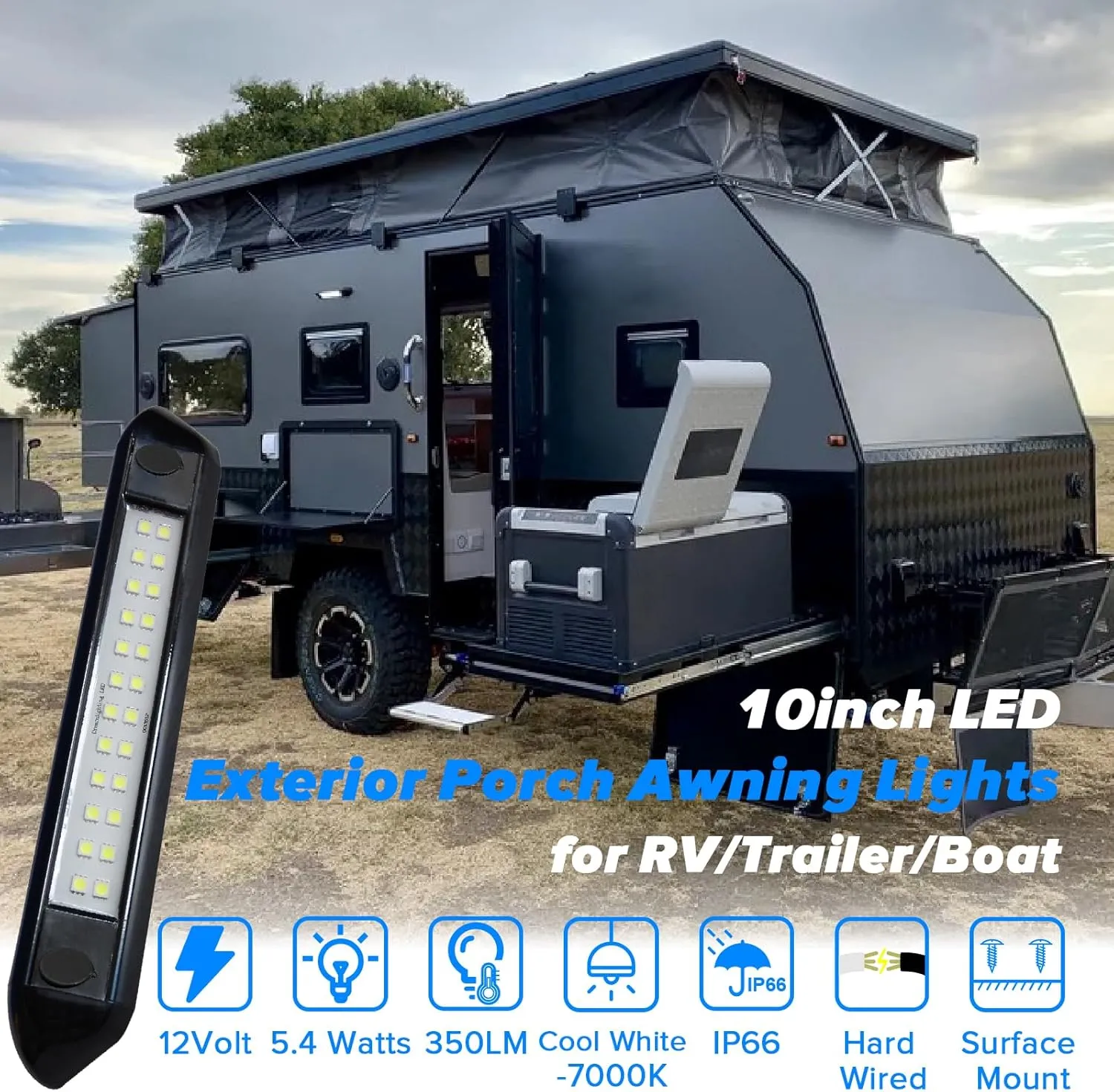 RV Lights Exterior 12V RV Porch Light 12 Volt LED Trailer Lights Outdoor Awning Light RV Accessories for Outside 7000K Cool White Lighting 5.4W 350Lumens 10inch Black Shell, no Switch, Pack of 2