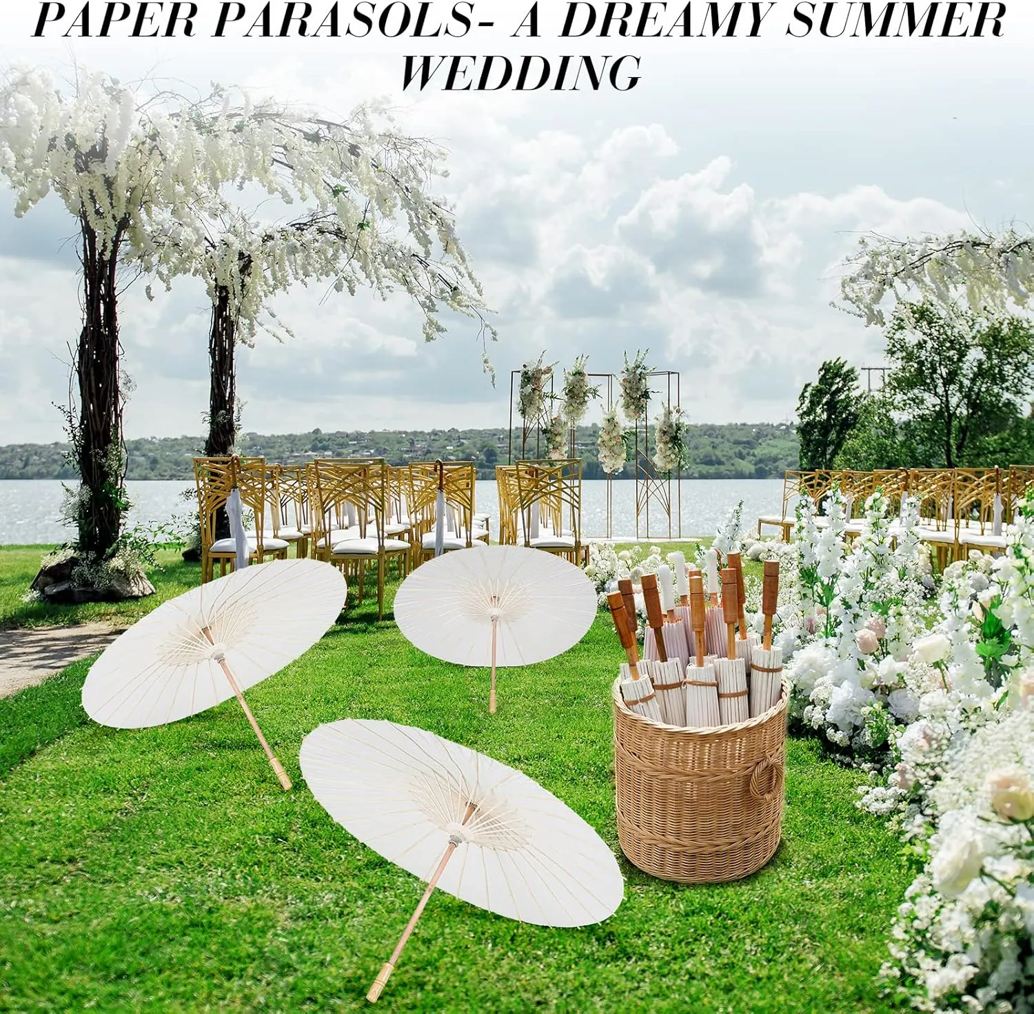 Sadnyy 33 Inches Paper Umbrellas Paper Decorative Chinese Japanese Parasol Umbrella DIY Oiled Painting Umbrellas Crafts for Wedding Bridal Party Decor(White,6 Pack)