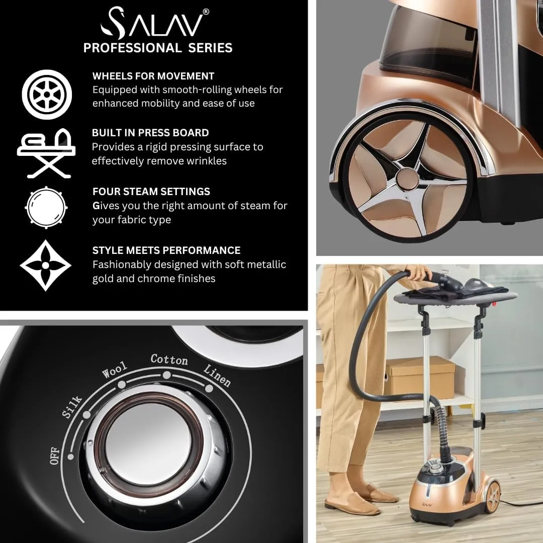 SALAV® Professional Garment Steamer with Built-in Ironing Board, 1500W Continuous Steam, 4 Steam Settings, Chrome Finish, Stainless Steel Steam Plate, Removable 1.8L Tank, Wheels for Easy Movement