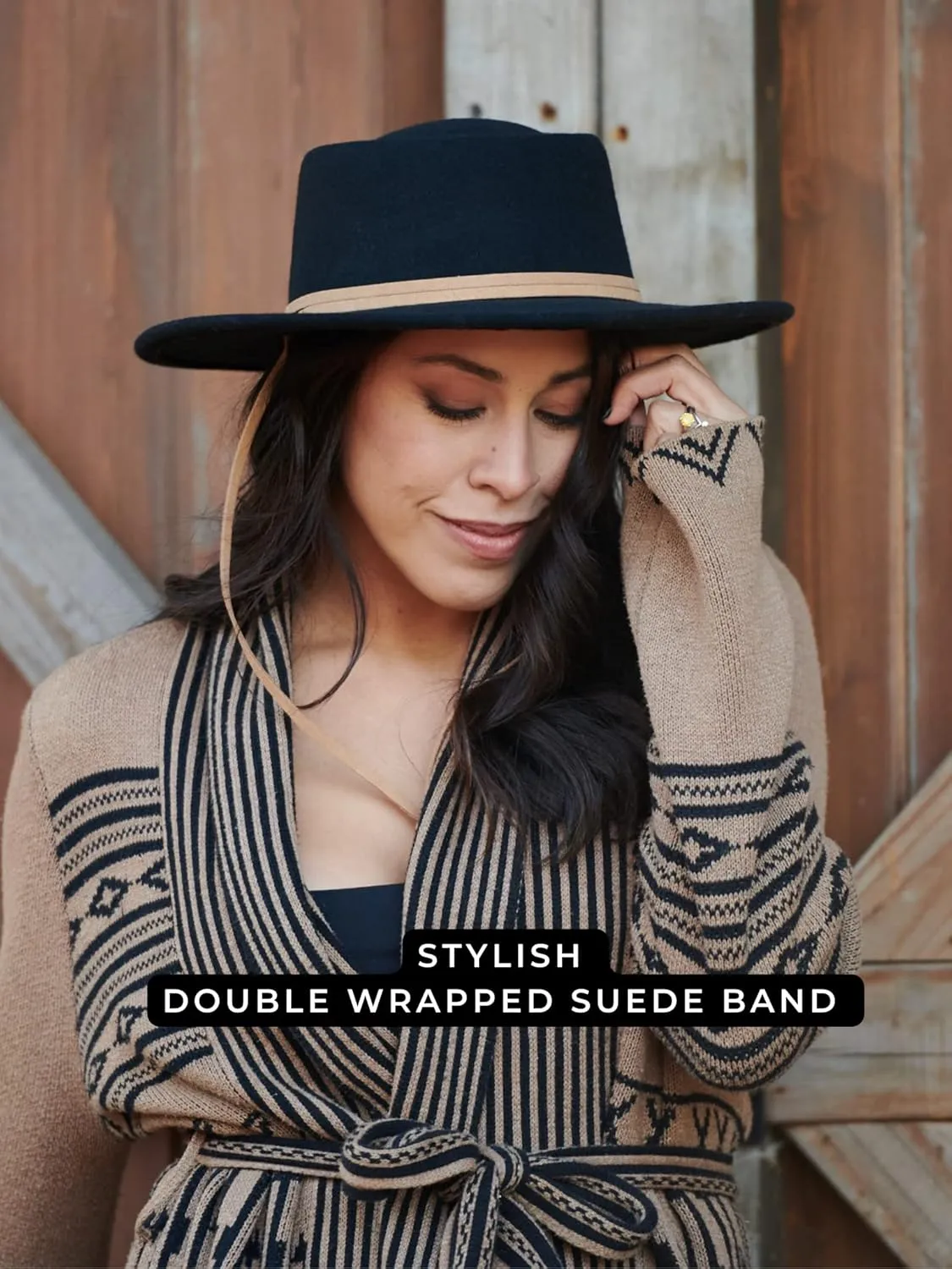 San Diego Hat Co. Women's Boater with Double Wrap Suede Band Adjustable Chin Cord Toggle and Wide and Flat Brim