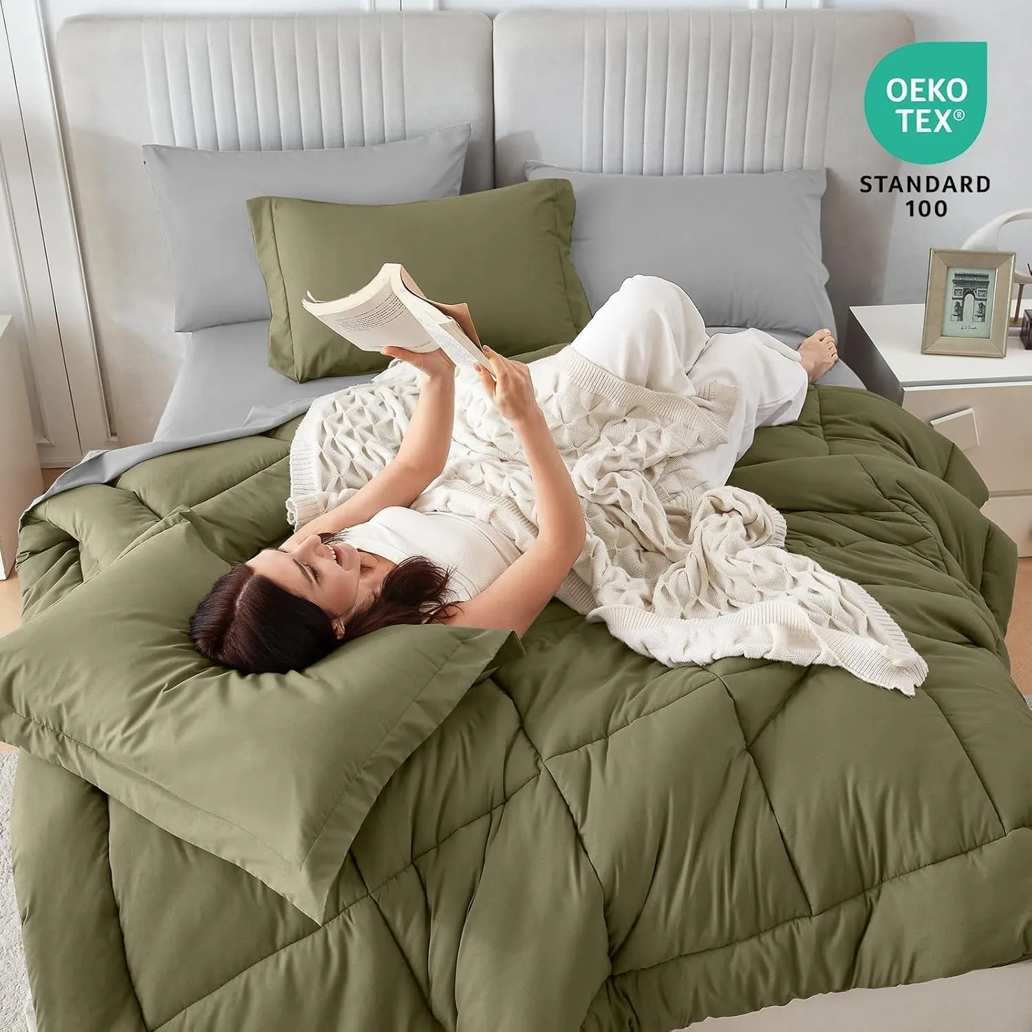 Sasttie Queen Comforter Set, 7 Pieces Bed in a Bag Queen, Complete Bedding Set Includes Comforter, Flat Sheet, Fitted Sheet, Pillowcases and Pillow Shams, Olive & Light Grey