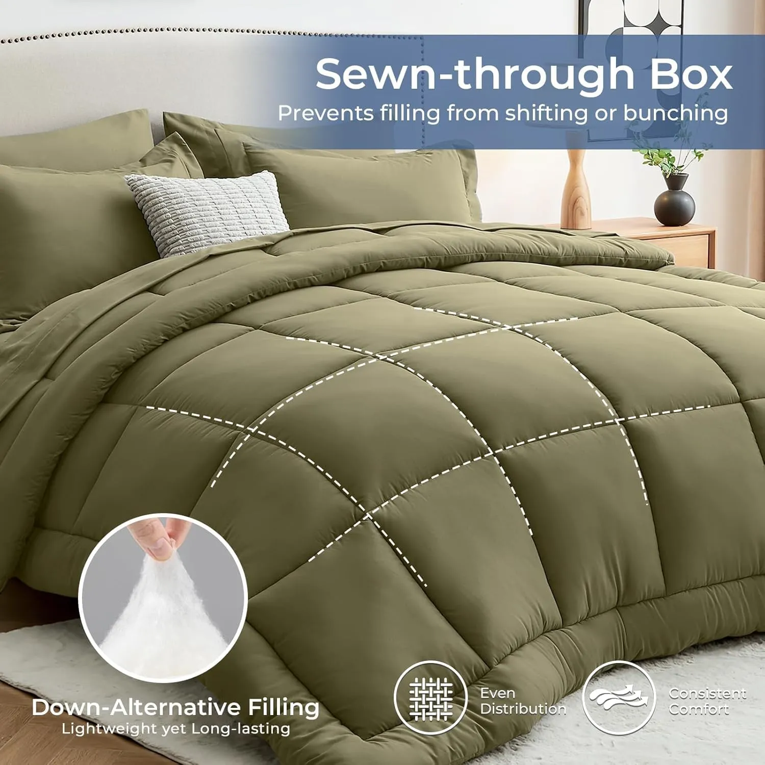Sasttie Queen Comforter Set, 7 Pieces Bed in a Bag Queen, Complete Bedding Set Includes Comforter, Flat Sheet, Fitted Sheet, Pillowcases and Pillow Shams, Olive & Light Grey