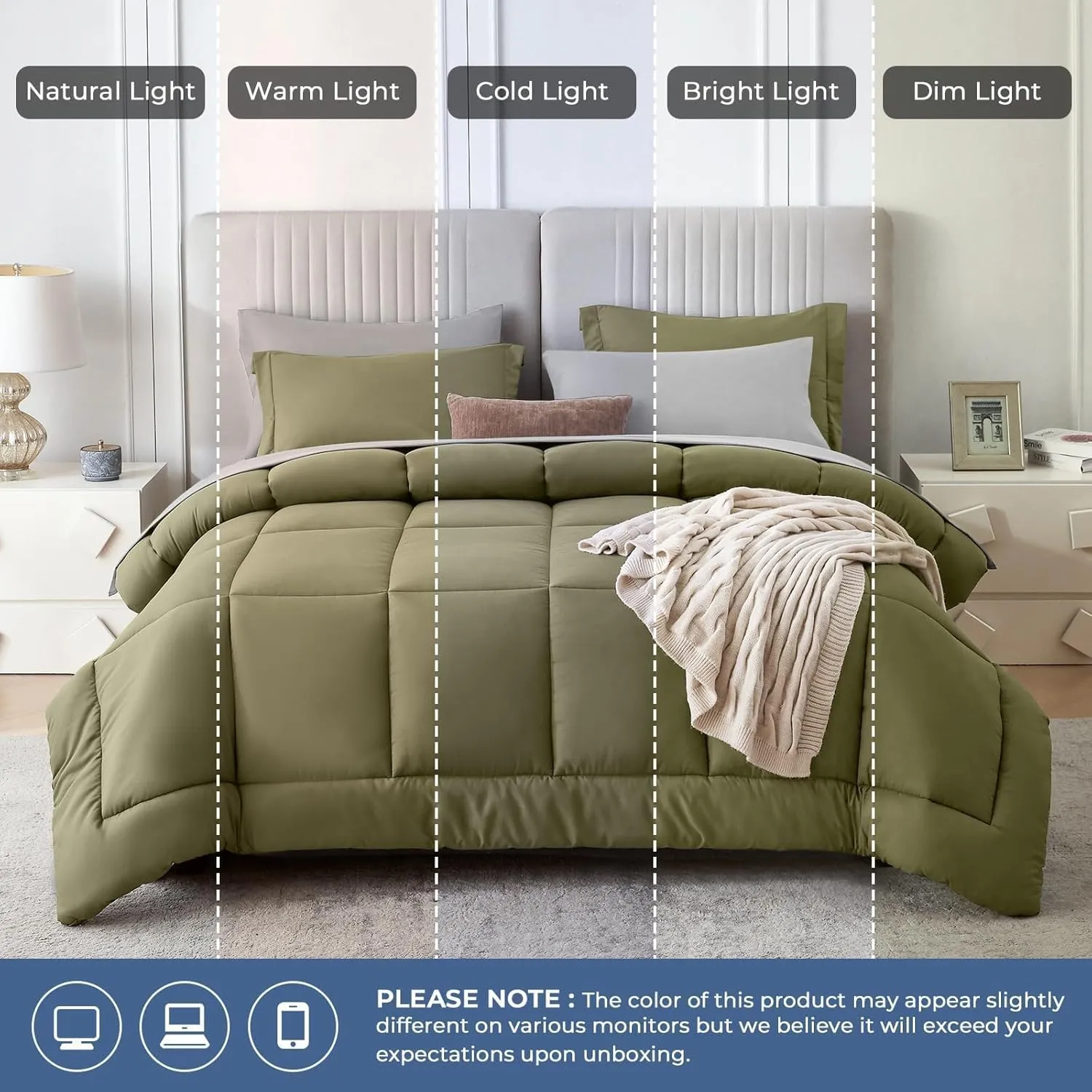 Sasttie Queen Comforter Set, 7 Pieces Bed in a Bag Queen, Complete Bedding Set Includes Comforter, Flat Sheet, Fitted Sheet, Pillowcases and Pillow Shams, Olive & Light Grey