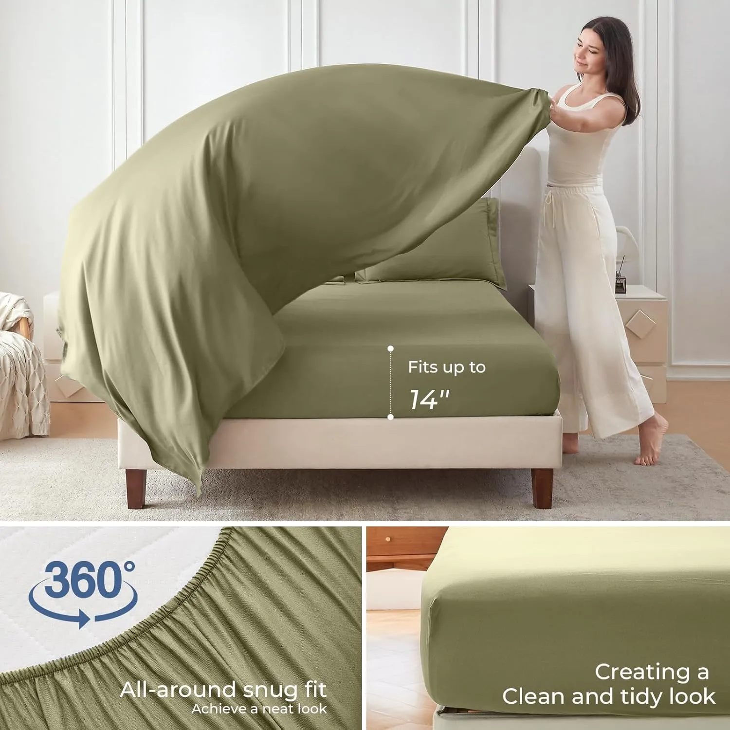 Sasttie Queen Comforter Set, 7 Pieces Bed in a Bag Queen, Complete Bedding Set Includes Comforter, Flat Sheet, Fitted Sheet, Pillowcases and Pillow Shams, Olive & Light Grey