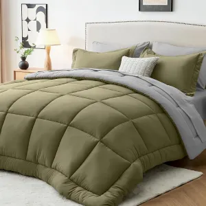 Sasttie Queen Comforter Set, 7 Pieces Bed in a Bag Queen, Complete Bedding Set Includes Comforter, Flat Sheet, Fitted Sheet, Pillowcases and Pillow Shams, Olive & Light Grey