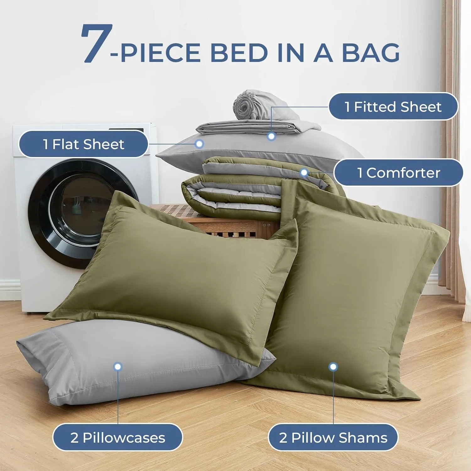 Sasttie Queen Comforter Set, 7 Pieces Bed in a Bag Queen, Complete Bedding Set Includes Comforter, Flat Sheet, Fitted Sheet, Pillowcases and Pillow Shams, Olive & Light Grey