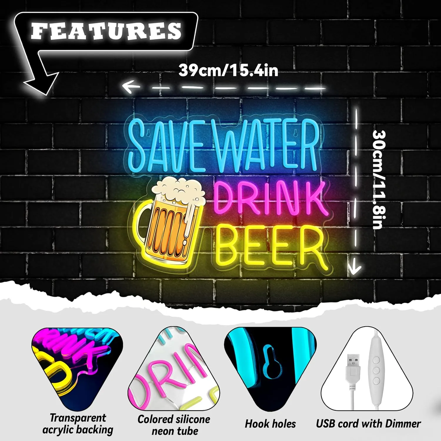 Save Water Drink Beer Neon Sign LED Beer Neon Lights for Wall Decor Dimmable Neon Bar Signs for Home Beer Bar Man Cave Pub Restaurant Bistro Club Party Decorations