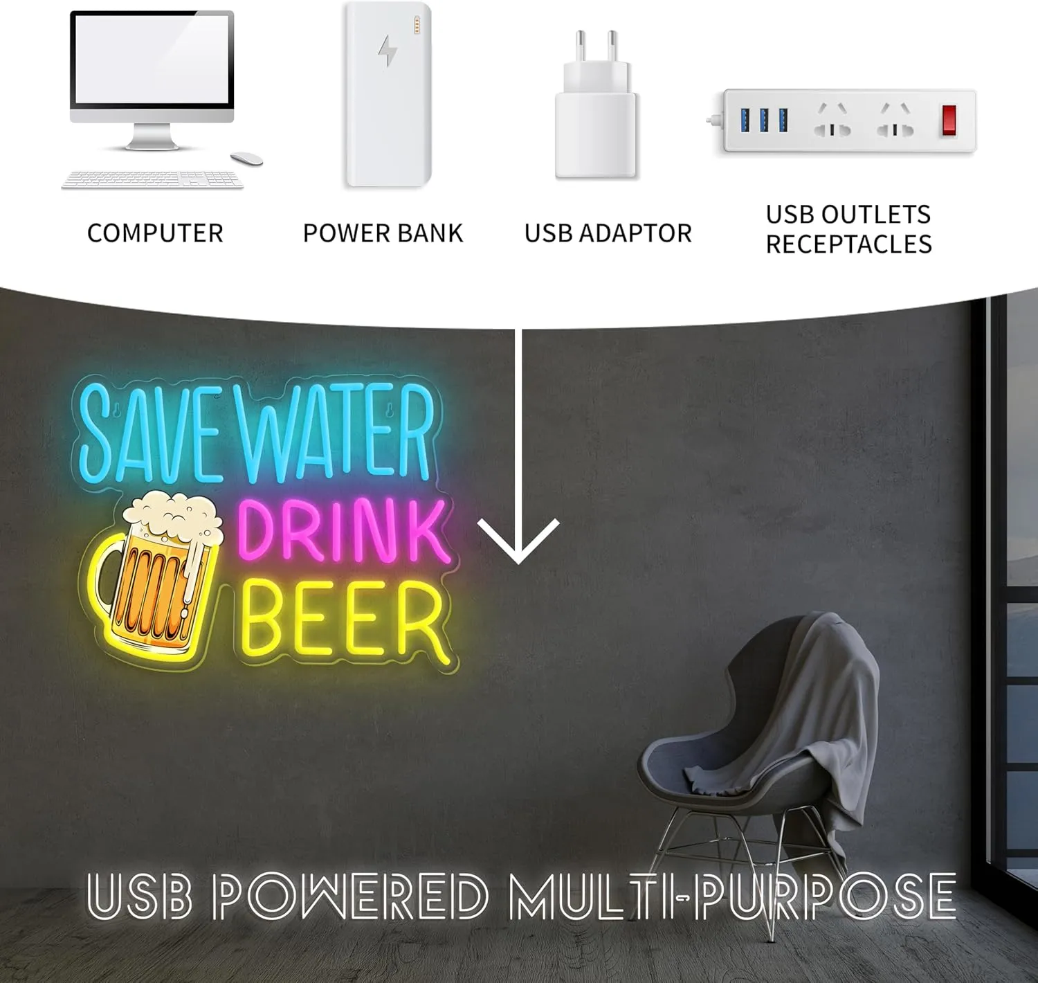 Save Water Drink Beer Neon Sign LED Beer Neon Lights for Wall Decor Dimmable Neon Bar Signs for Home Beer Bar Man Cave Pub Restaurant Bistro Club Party Decorations