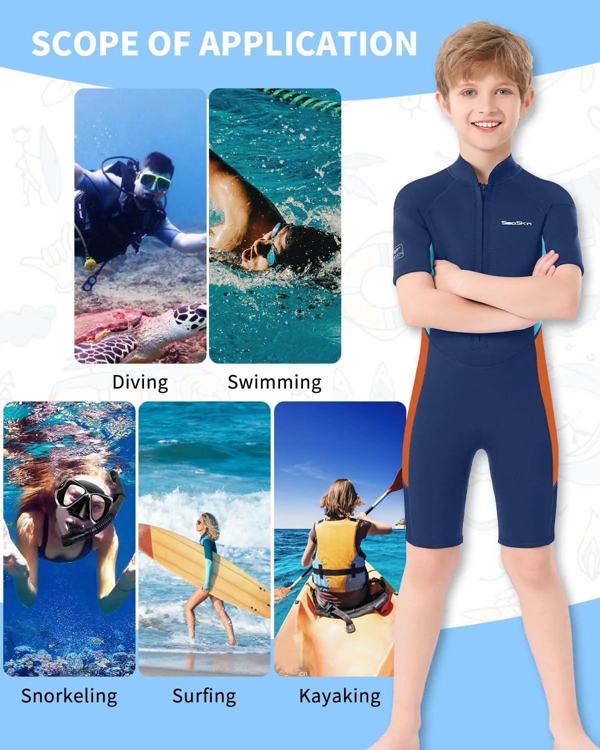 Seaskin Kids Wetsuit for Boys Girls Toddler, 2mm Front Zip Thermal Swimsuits Shorty Diving Suits