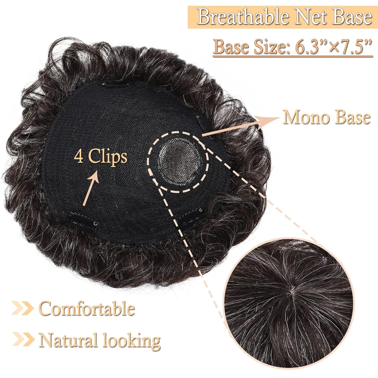 SEGO Men's Toupee Human Hair Topper for Women With Short Hair 150% Density 16x19cm Mono Base Real Human Hair 4 Inch Short Curly Hairpiece Replacement Wig -Dark Brown mix White