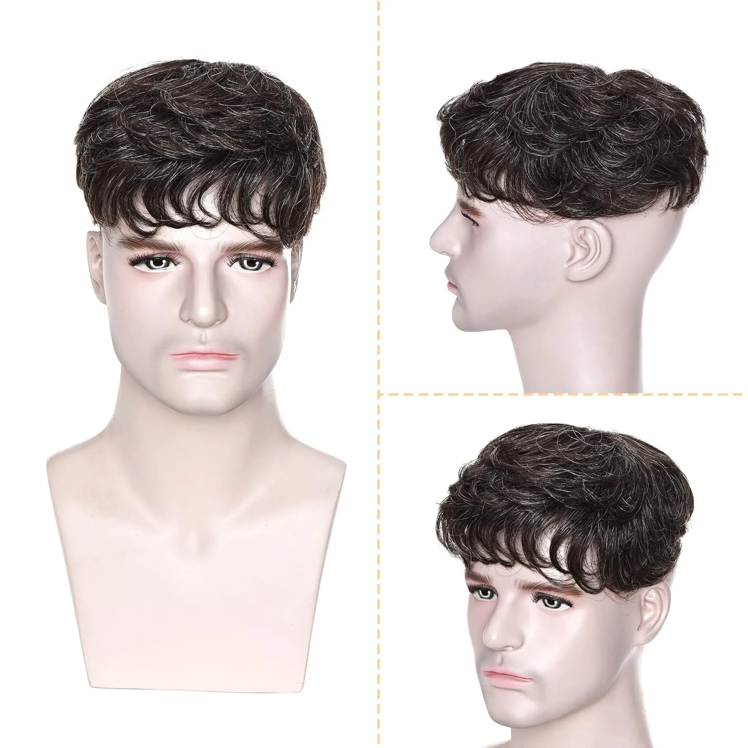 SEGO Men's Toupee Human Hair Topper for Women With Short Hair 150% Density 16x19cm Mono Base Real Human Hair 4 Inch Short Curly Hairpiece Replacement Wig -Dark Brown mix White