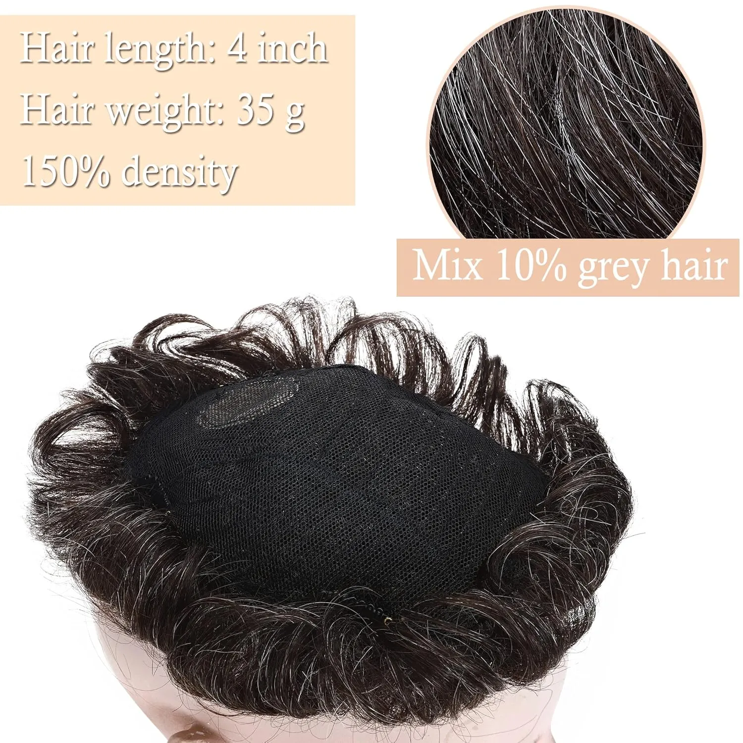 SEGO Men's Toupee Human Hair Topper for Women With Short Hair 150% Density 16x19cm Mono Base Real Human Hair 4 Inch Short Curly Hairpiece Replacement Wig -Dark Brown mix White
