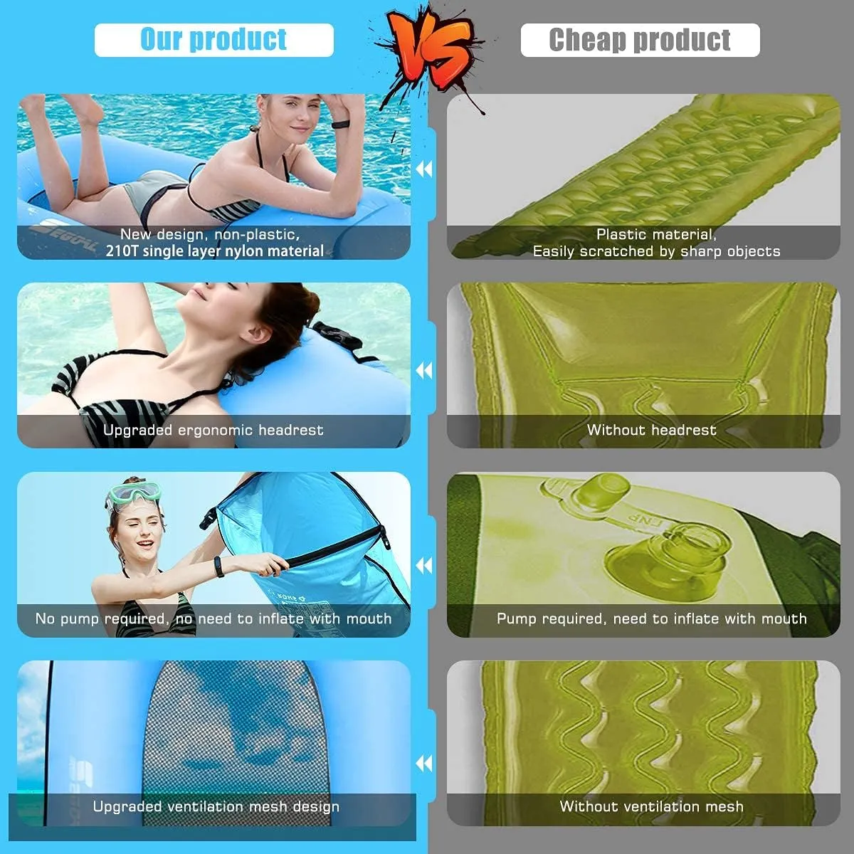 SEGOAL Pool Floats Inflatable Floating Lounger Chair Water Hammock Raft Swimming Ring Pool Float, Lightweight Single Layer Nylon Fabric No Pump Required