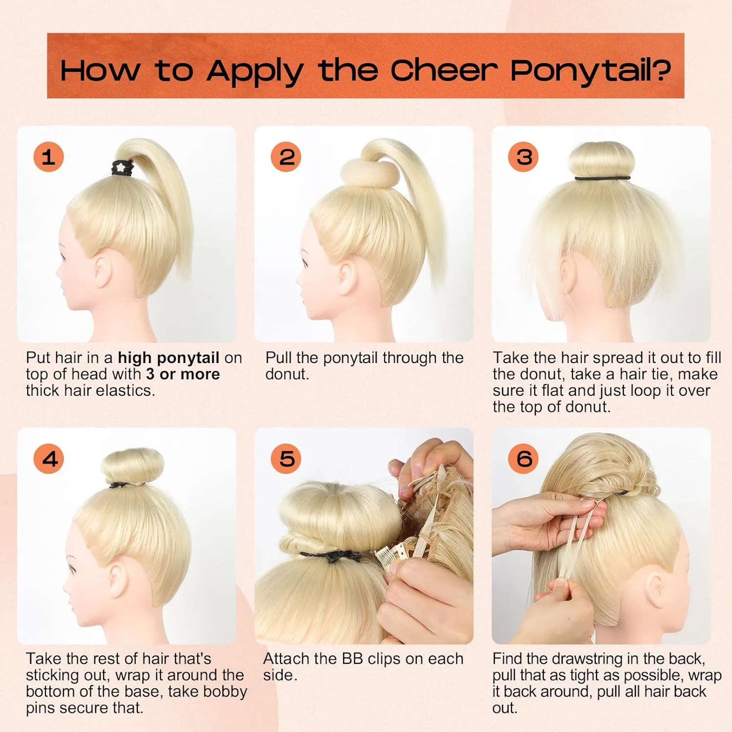 SEIKEA Cheer Ponytail Hair Piece, 16" Straight Cheerleader Hairpiece Ponytail Extension for Cheerleader Competition, Dance Ash Blonde with Light Blonde Highlights
