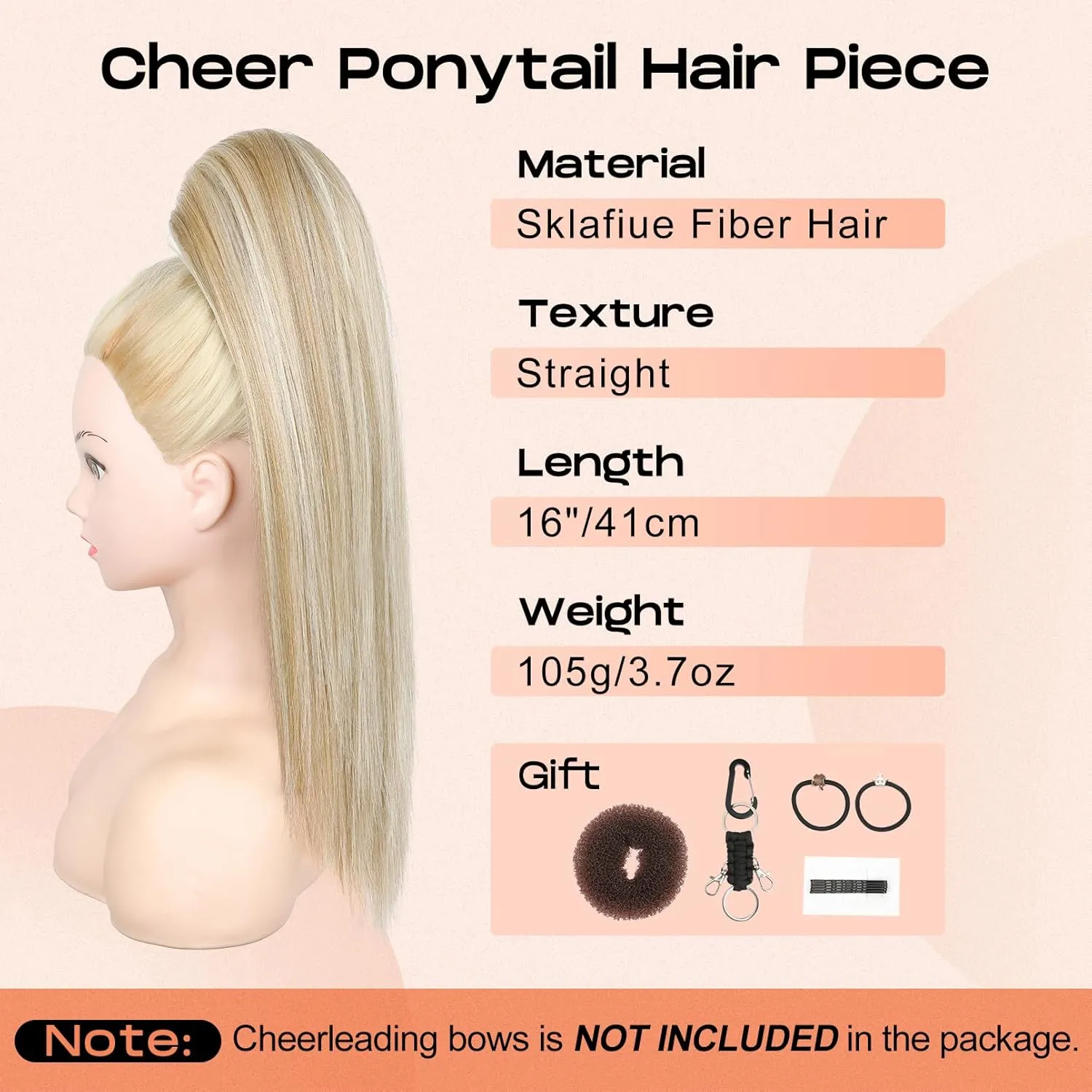 SEIKEA Cheer Ponytail Hair Piece, 16" Straight Cheerleader Hairpiece Ponytail Extension for Cheerleader Competition, Dance Ash Blonde with Light Blonde Highlights
