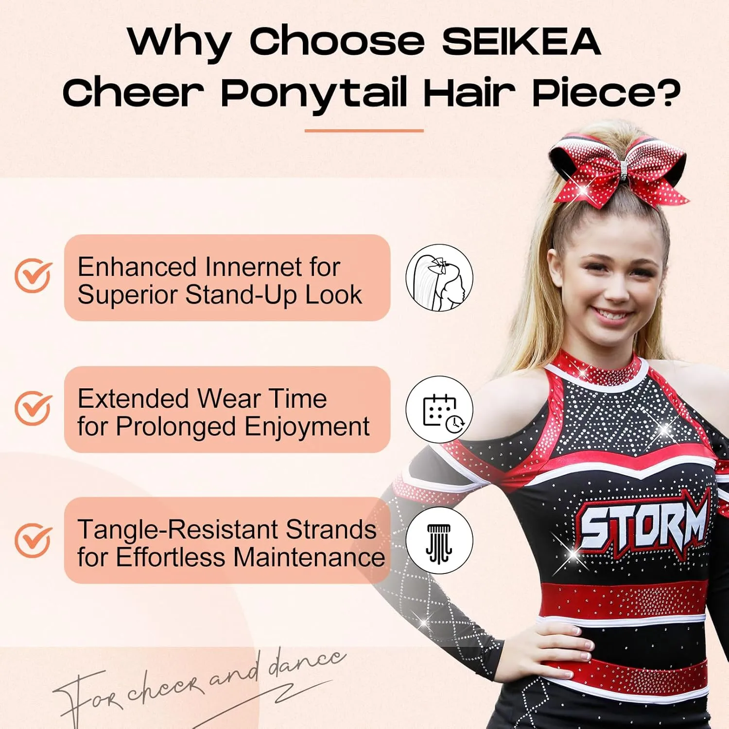 SEIKEA Cheer Ponytail Hair Piece, 16" Straight Cheerleader Hairpiece Ponytail Extension for Cheerleader Competition, Dance Ash Blonde with Light Blonde Highlights