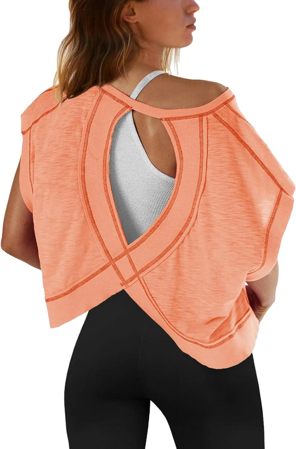SENSERISE Womens Open Back Workout Tops Backless Short Sleeve Athletic Shirt Running Crop Top Gym Yoga Tee