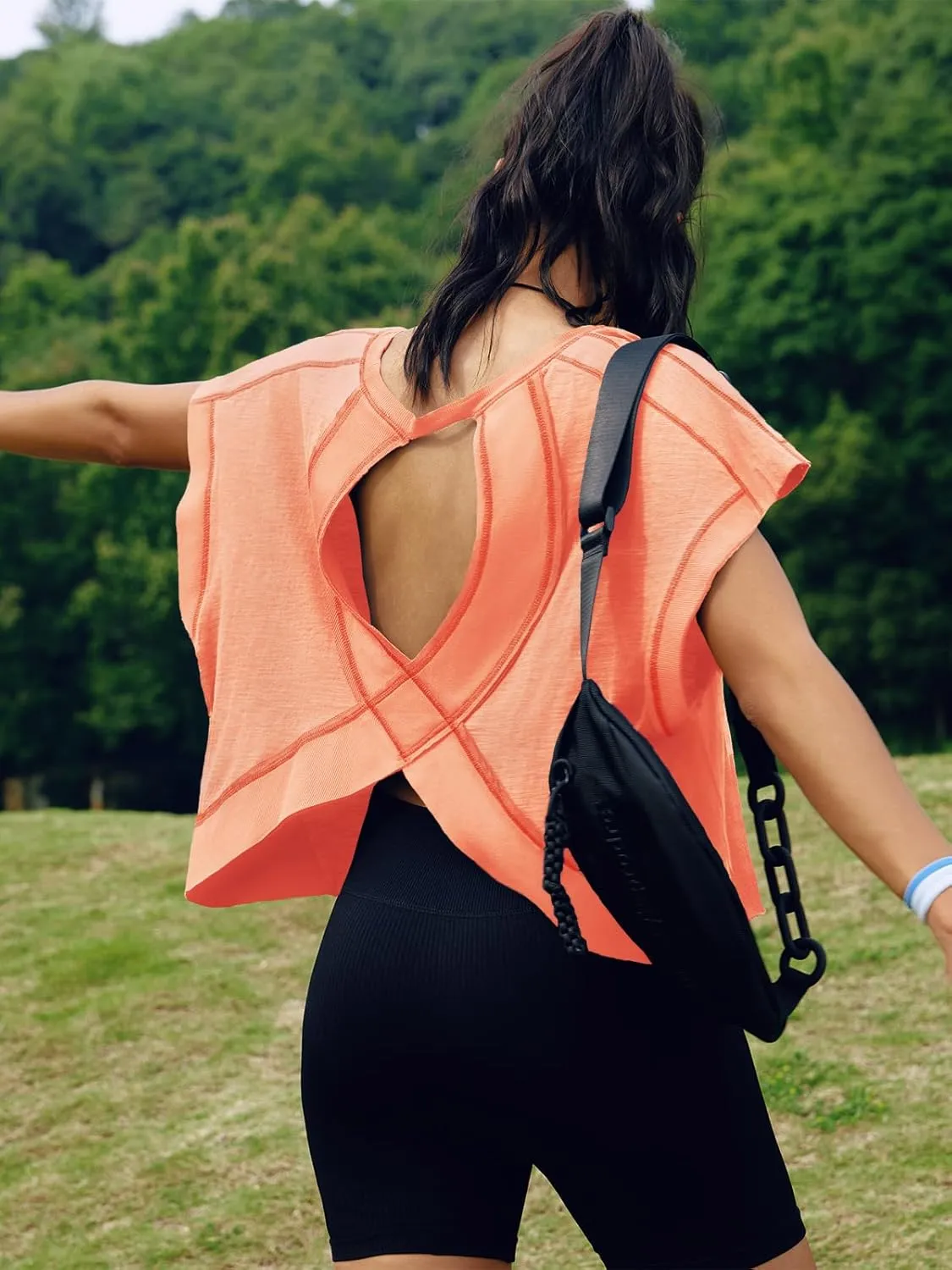 SENSERISE Womens Open Back Workout Tops Backless Short Sleeve Athletic Shirt Running Crop Top Gym Yoga Tee