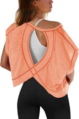SENSERISE Womens Open Back Workout Tops Backless Short Sleeve Athletic Shirt Running Crop Top Gym Yoga Tee