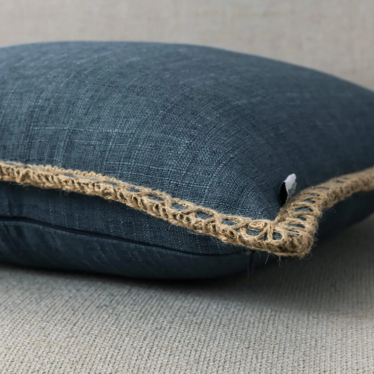 Set of 2 Farmhouse Throw Pillow Covers - Burlap Linen Trimmed Tailored Edges Decorative Cushion Covers for Bed Home Outdoor Decoration (2 Pieces, 22" x22", Dark Blue 3/ Linen Band)