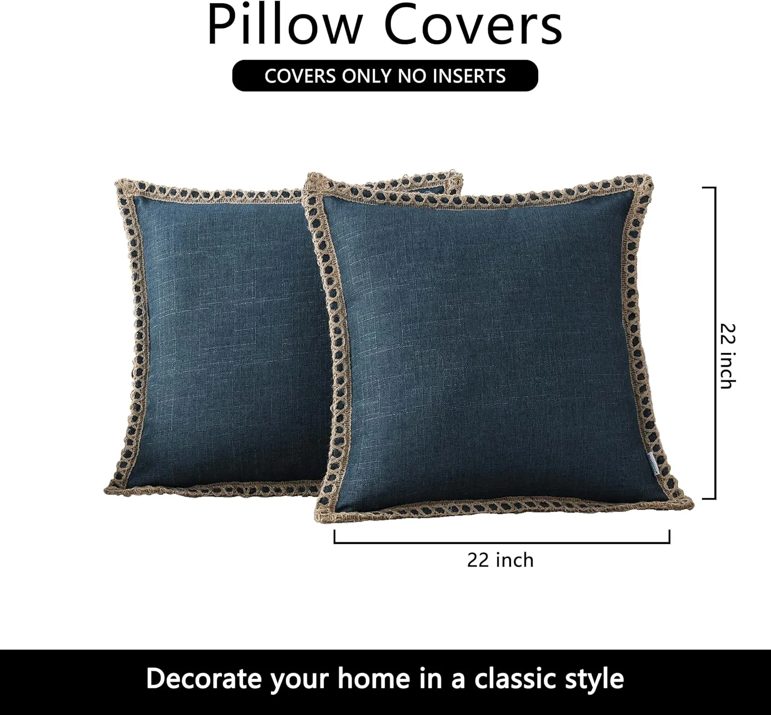 Set of 2 Farmhouse Throw Pillow Covers - Burlap Linen Trimmed Tailored Edges Decorative Cushion Covers for Bed Home Outdoor Decoration (2 Pieces, 22" x22", Dark Blue 3/ Linen Band)