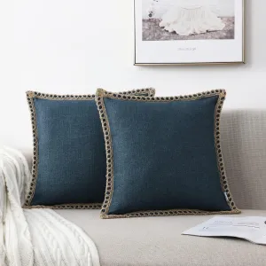 Set of 2 Farmhouse Throw Pillow Covers - Burlap Linen Trimmed Tailored Edges Decorative Cushion Covers for Bed Home Outdoor Decoration (2 Pieces, 22" x22", Dark Blue 3/ Linen Band)