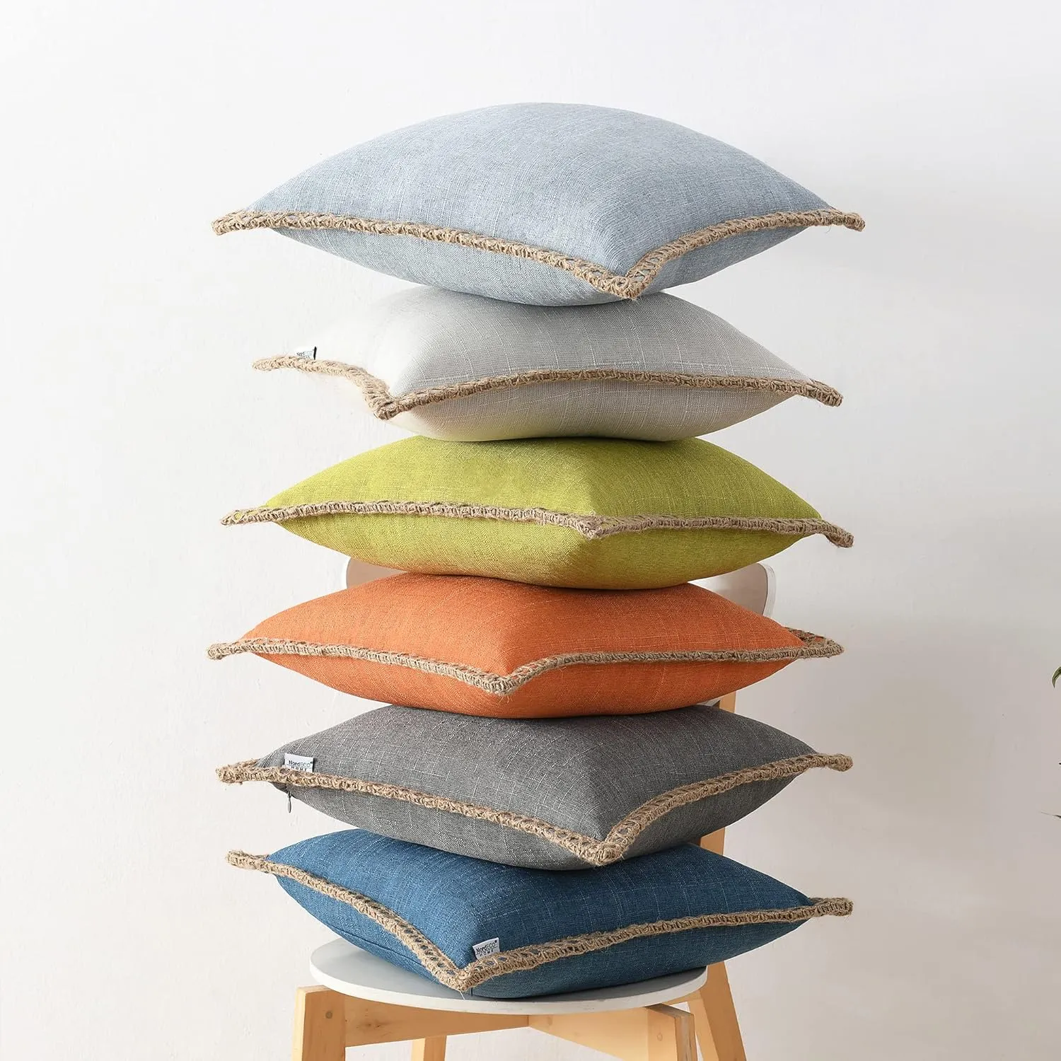 Set of 2 Farmhouse Throw Pillow Covers - Burlap Linen Trimmed Tailored Edges Decorative Cushion Covers for Bed Home Outdoor Decoration (2 Pieces, 22" x22", Dark Blue 3/ Linen Band)
