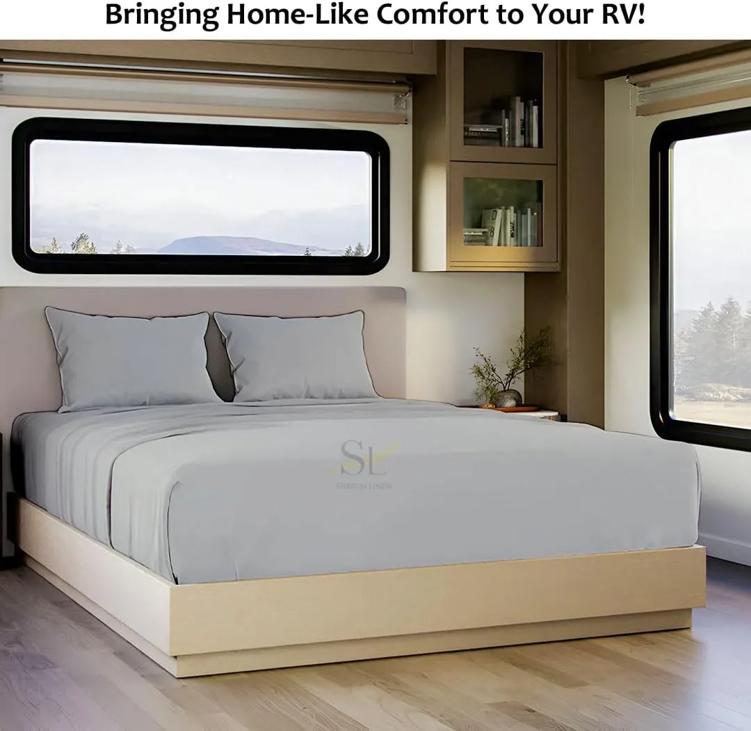 Shreem Linen Microfiber RV Sheet Sets, 48x75 3/4 Full Bunk, Light Grey Solid - Fits Mattresses up to 8 Inches Deep, 4 Piece RV Bed Sheets for Campers, Motorhomes, and Travel Trailers