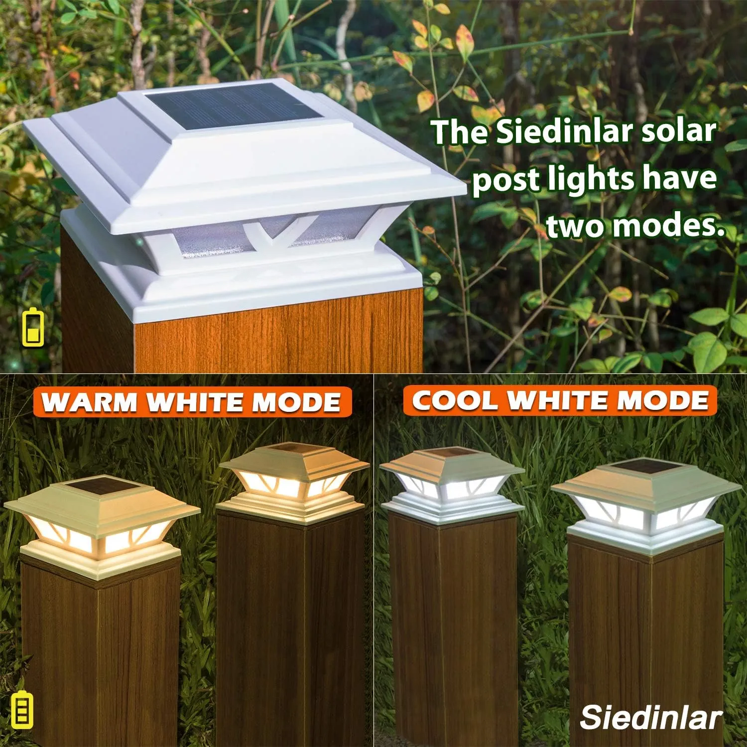 SIEDiNLAR Solar Post Lights Outdoor 2 Modes LED Fence Deck Cap Light for 4x4 5x5 6x6 Posts Garden Patio Decoration Warm White/Cool White Lighting White (4 Pack)