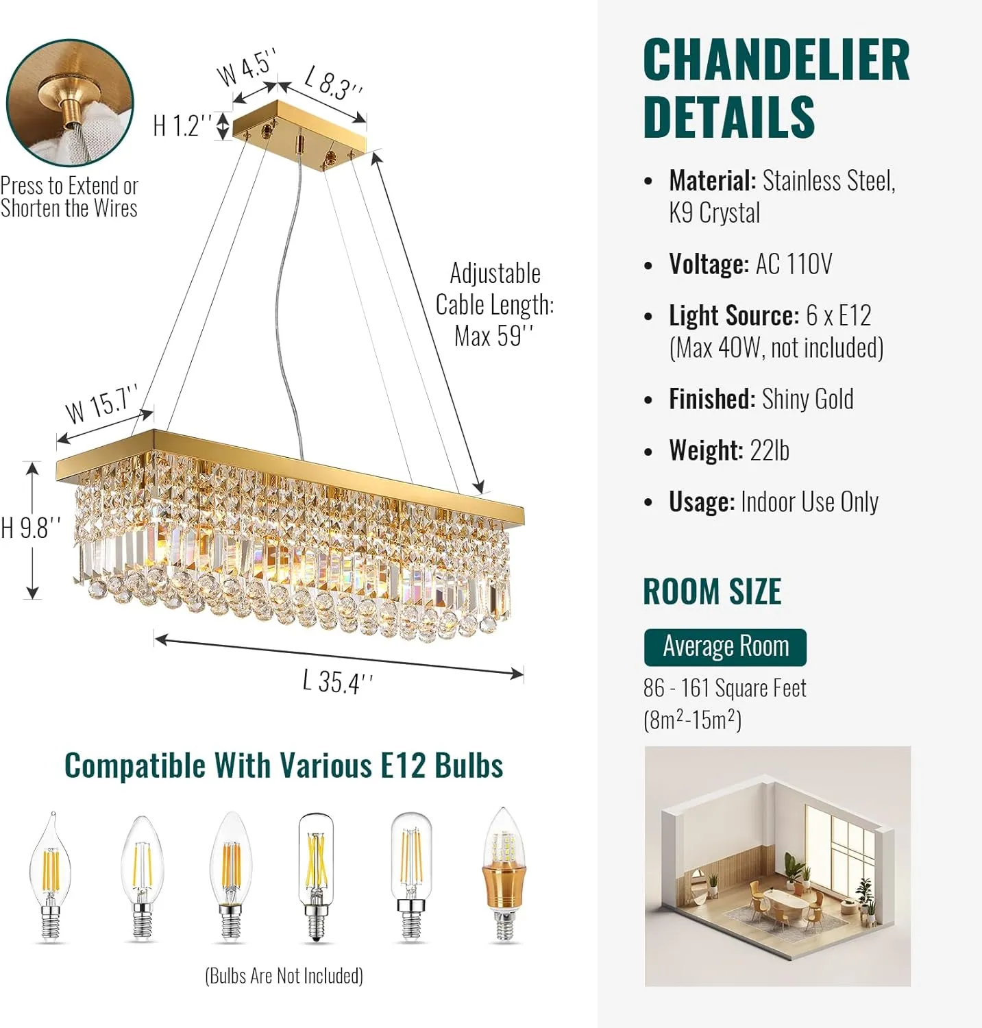 Siljoy 6-Light Modern Crystal Chandelier Rectangular Gold K9 Crystal Raindrop Chandelier for Dining Room, Luxury Adjustable Ceiling Pendant Light for Living Room Kitchen Island L31.5'' x W10'' x H10''