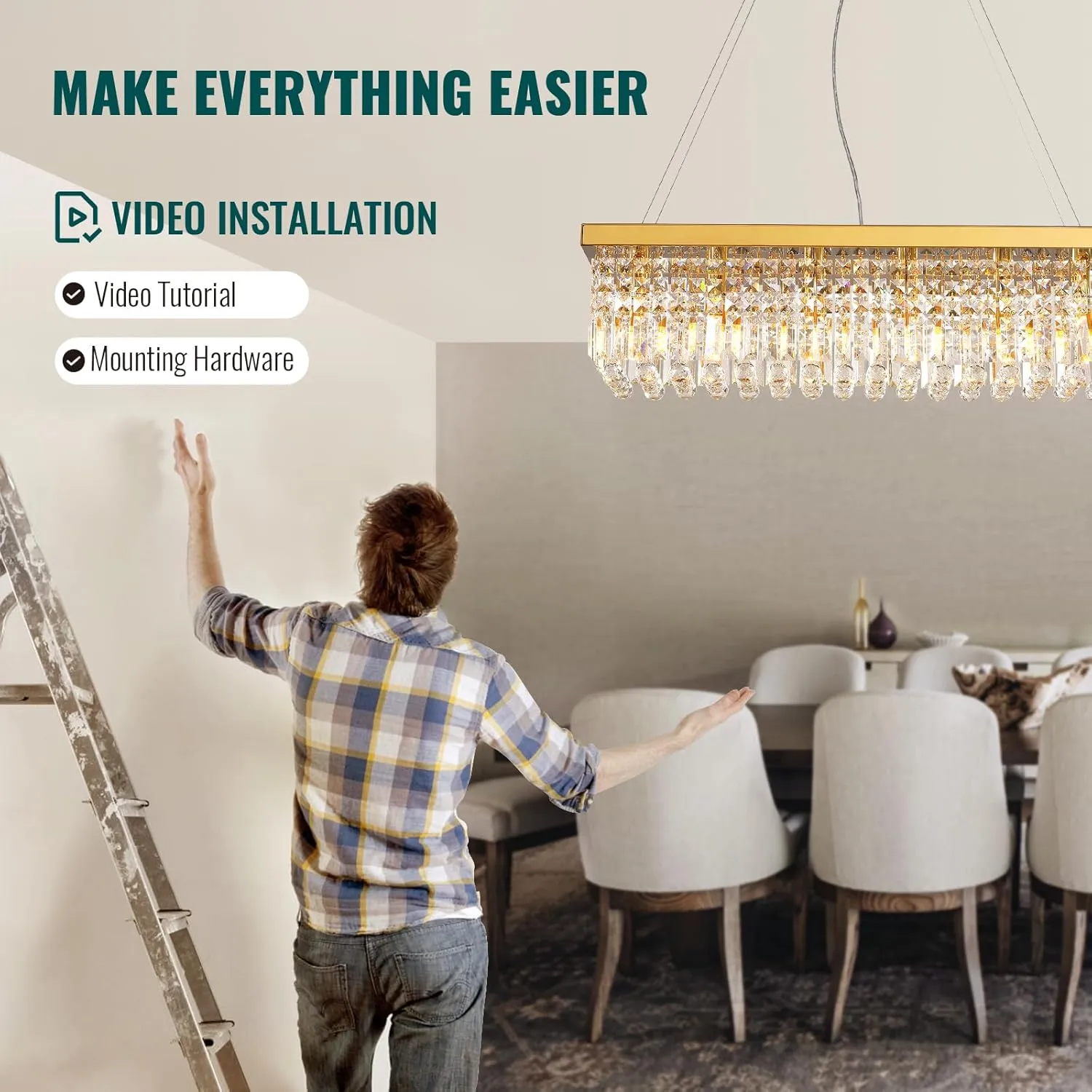 Siljoy 6-Light Modern Crystal Chandelier Rectangular Gold K9 Crystal Raindrop Chandelier for Dining Room, Luxury Adjustable Ceiling Pendant Light for Living Room Kitchen Island L31.5'' x W10'' x H10''