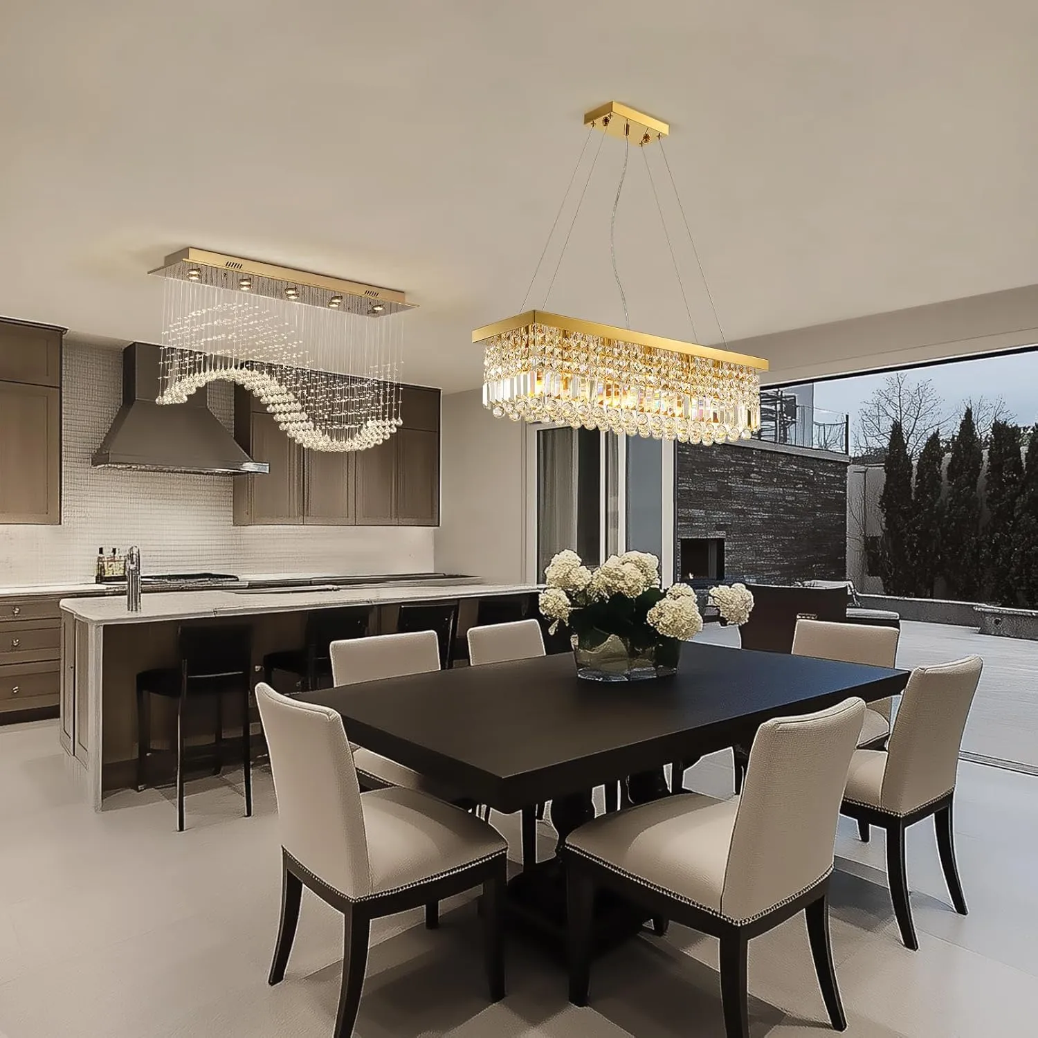 Siljoy 6-Light Modern Crystal Chandelier Rectangular Gold K9 Crystal Raindrop Chandelier for Dining Room, Luxury Adjustable Ceiling Pendant Light for Living Room Kitchen Island L31.5'' x W10'' x H10''