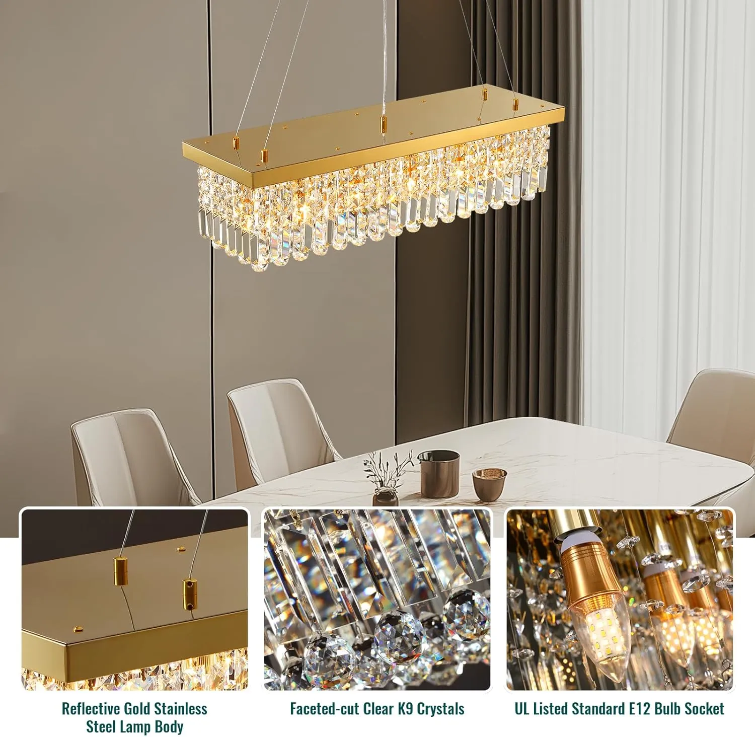 Siljoy 6-Light Modern Crystal Chandelier Rectangular Gold K9 Crystal Raindrop Chandelier for Dining Room, Luxury Adjustable Ceiling Pendant Light for Living Room Kitchen Island L31.5'' x W10'' x H10''
