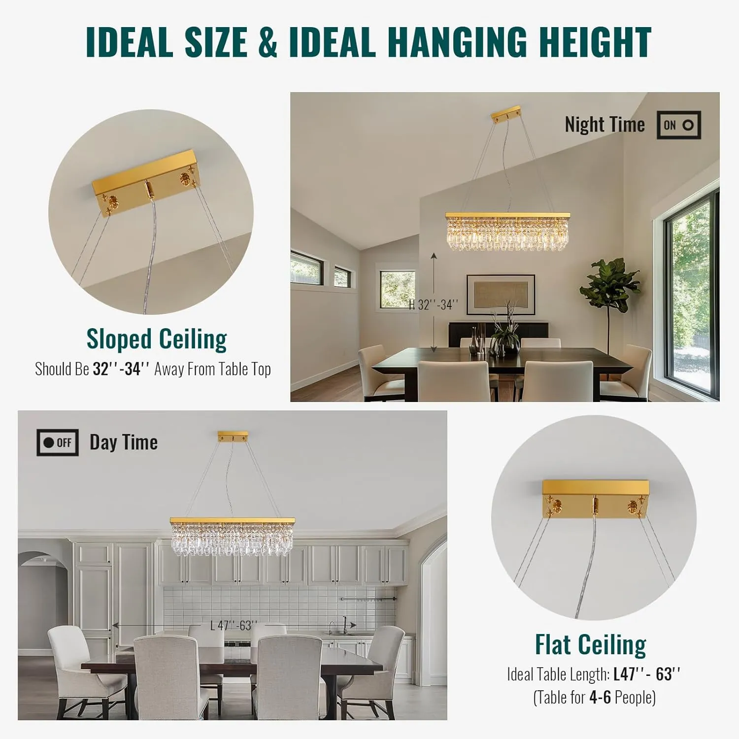 Siljoy 6-Light Modern Crystal Chandelier Rectangular Gold K9 Crystal Raindrop Chandelier for Dining Room, Luxury Adjustable Ceiling Pendant Light for Living Room Kitchen Island L31.5'' x W10'' x H10''