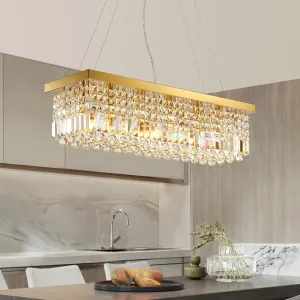 Siljoy 6-Light Modern Crystal Chandelier Rectangular Gold K9 Crystal Raindrop Chandelier for Dining Room, Luxury Adjustable Ceiling Pendant Light for Living Room Kitchen Island L31.5'' x W10'' x H10''