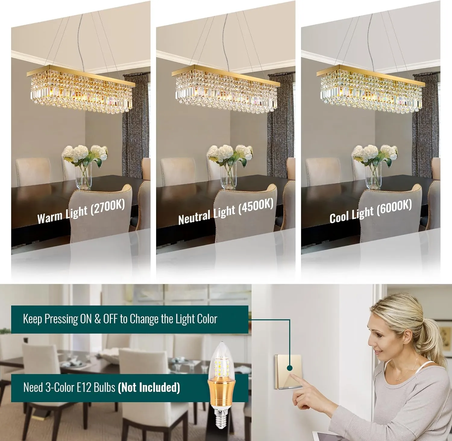 Siljoy 6-Light Modern Crystal Chandelier Rectangular Gold K9 Crystal Raindrop Chandelier for Dining Room, Luxury Adjustable Ceiling Pendant Light for Living Room Kitchen Island L31.5'' x W10'' x H10''