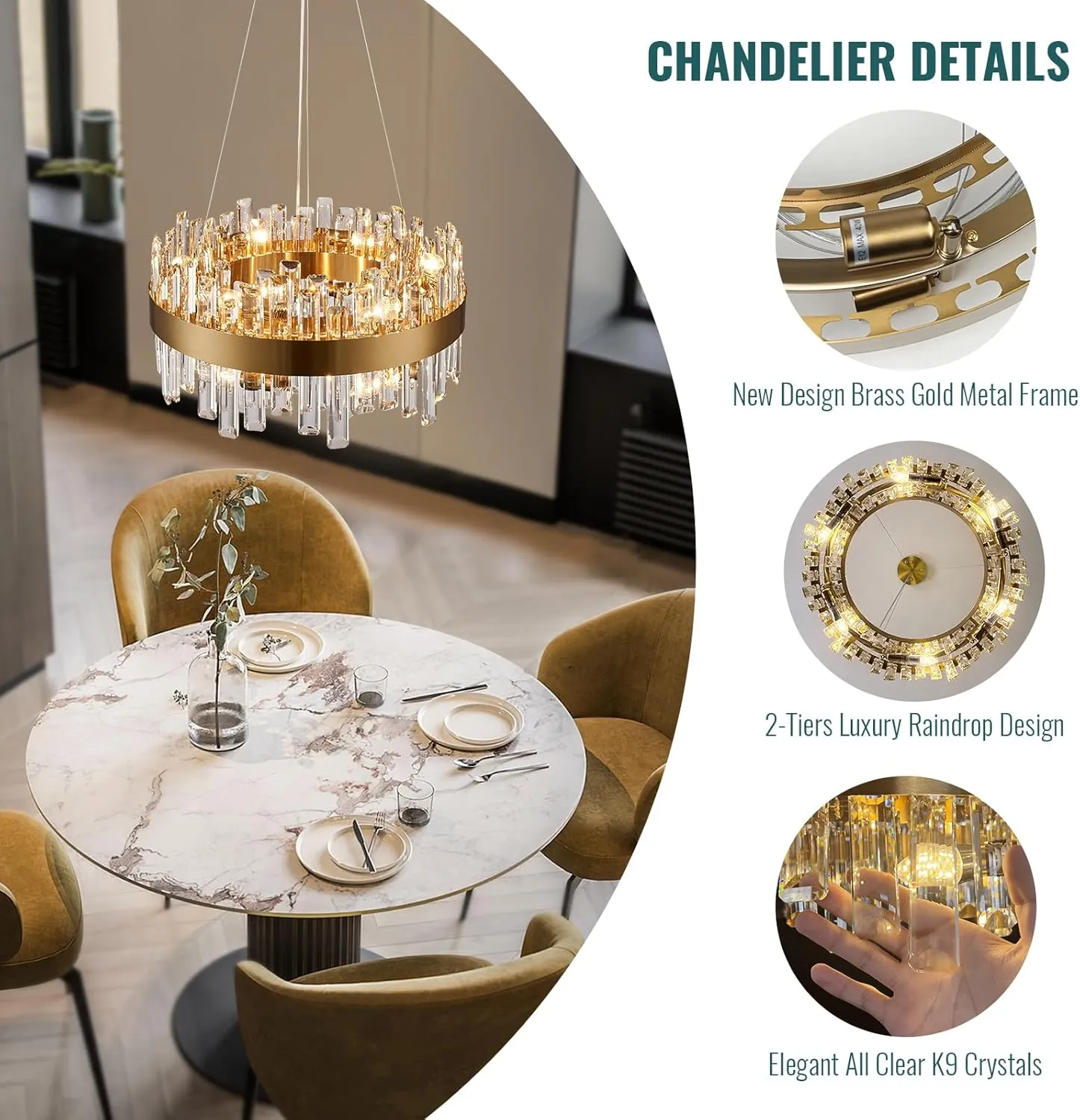 Siljoy Modern Crystal Chandelier, Luxury Gold Round 2 Tiers K9 Crystal Raindrop Chandelier, 12-Light Flush Mount Ceiling Light Fixture for Dining Living Room Kitchen Island Entryway Foyer D19.7''