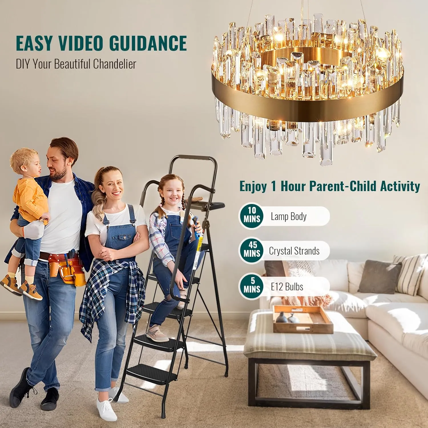 Siljoy Modern Crystal Chandelier, Luxury Gold Round 2 Tiers K9 Crystal Raindrop Chandelier, 12-Light Flush Mount Ceiling Light Fixture for Dining Living Room Kitchen Island Entryway Foyer D19.7''