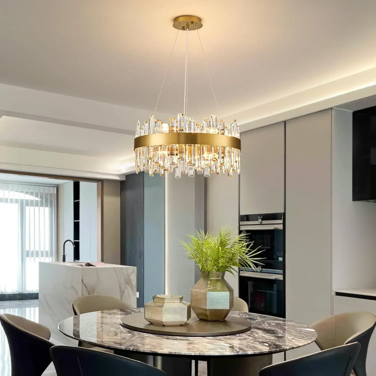 Siljoy Modern Crystal Chandelier, Luxury Gold Round 2 Tiers K9 Crystal Raindrop Chandelier, 12-Light Flush Mount Ceiling Light Fixture for Dining Living Room Kitchen Island Entryway Foyer D19.7''