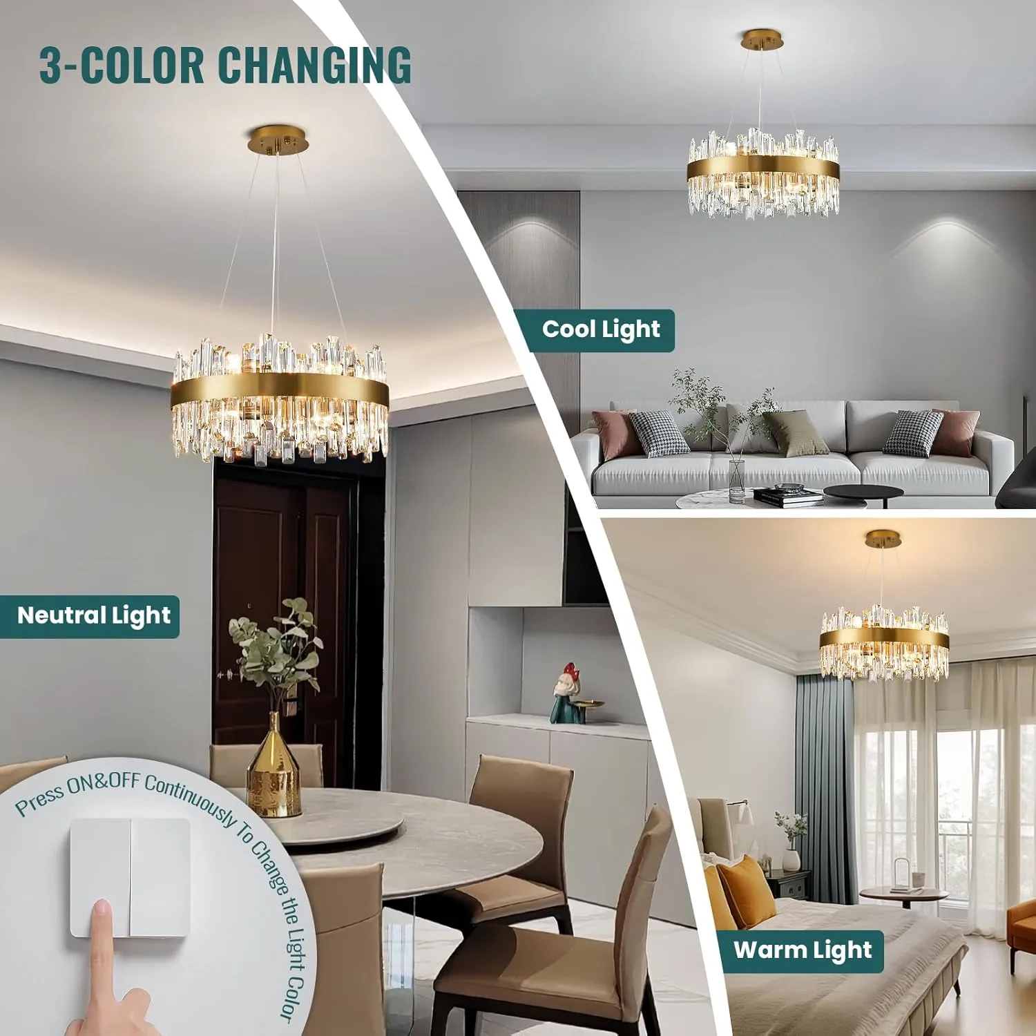 Siljoy Modern Crystal Chandelier, Luxury Gold Round 2 Tiers K9 Crystal Raindrop Chandelier, 12-Light Flush Mount Ceiling Light Fixture for Dining Living Room Kitchen Island Entryway Foyer D19.7''