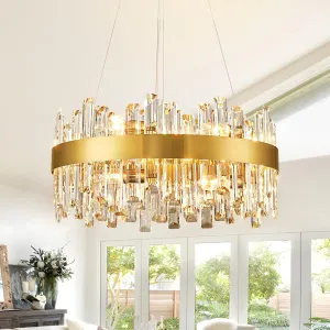 Siljoy Modern Crystal Chandelier, Luxury Gold Round 2 Tiers K9 Crystal Raindrop Chandelier, 12-Light Flush Mount Ceiling Light Fixture for Dining Living Room Kitchen Island Entryway Foyer D19.7''