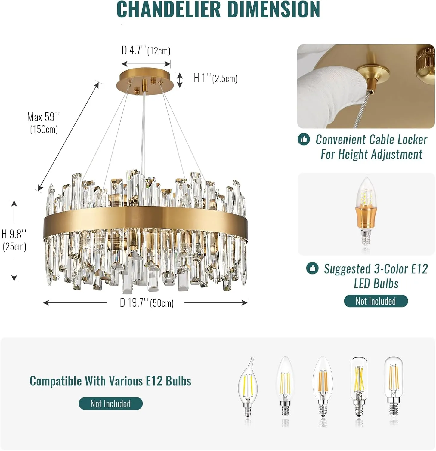 Siljoy Modern Crystal Chandelier, Luxury Gold Round 2 Tiers K9 Crystal Raindrop Chandelier, 12-Light Flush Mount Ceiling Light Fixture for Dining Living Room Kitchen Island Entryway Foyer D19.7''