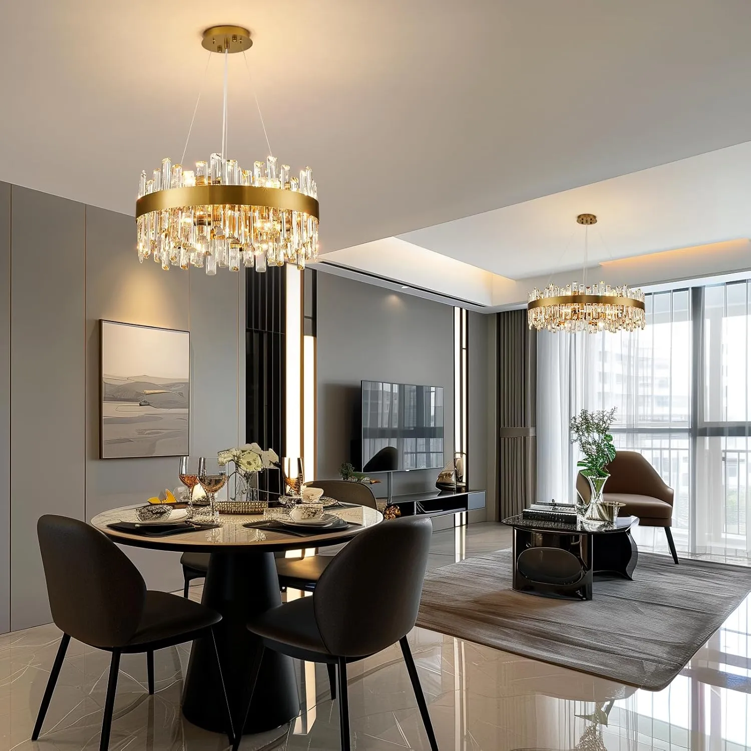 Siljoy Modern Crystal Chandelier, Luxury Gold Round 2 Tiers K9 Crystal Raindrop Chandelier, 12-Light Flush Mount Ceiling Light Fixture for Dining Living Room Kitchen Island Entryway Foyer D19.7''