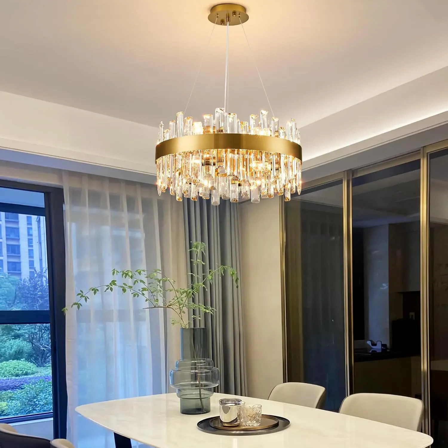 Siljoy Modern Crystal Chandelier, Luxury Gold Round 2 Tiers K9 Crystal Raindrop Chandelier, 12-Light Flush Mount Ceiling Light Fixture for Dining Living Room Kitchen Island Entryway Foyer D19.7''