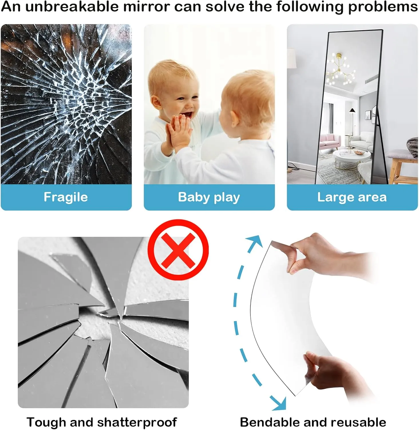 SLDIYWOW Wall Mirror Full Length, 4Pcs Full Body Mirror for Bedroom, Safety Unbreakable Mirror Great for Baby Kids Toddler, Full Body Mirror Tiles for Bedroom, Home Gym, Living Room