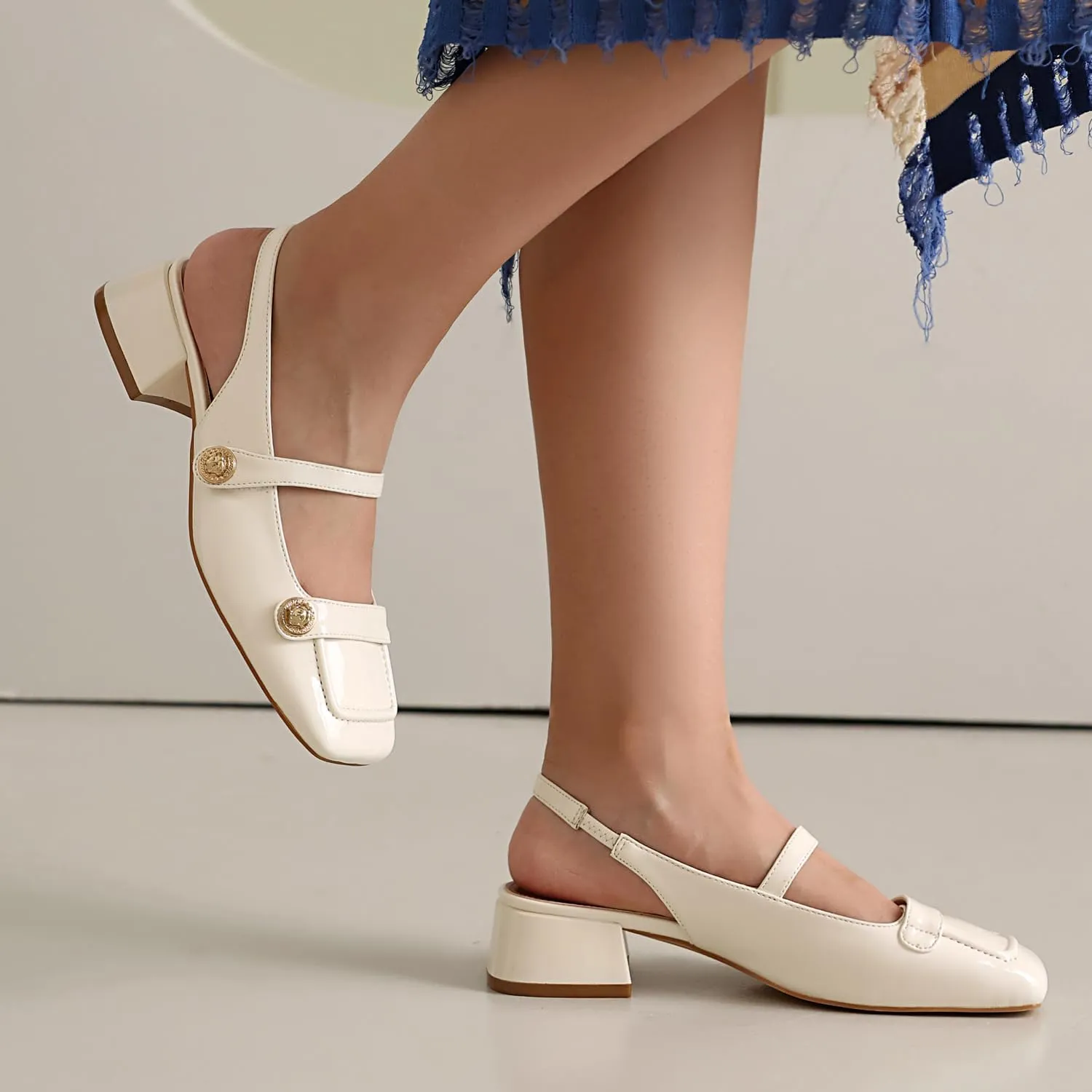 Slingback Mary Jane Heels for Women Low Block Heel Closed Square Toe Pump Shoes Heels Classic Daily Office Dressy Shoes