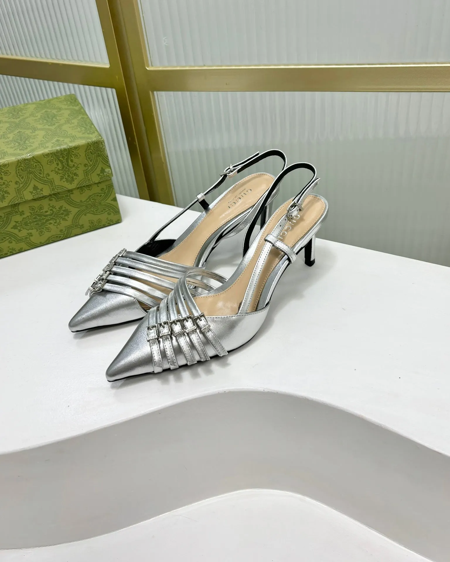 SLINGBACK PUMP 6 CM IN SILVER GLOSSY CALFSKIN
