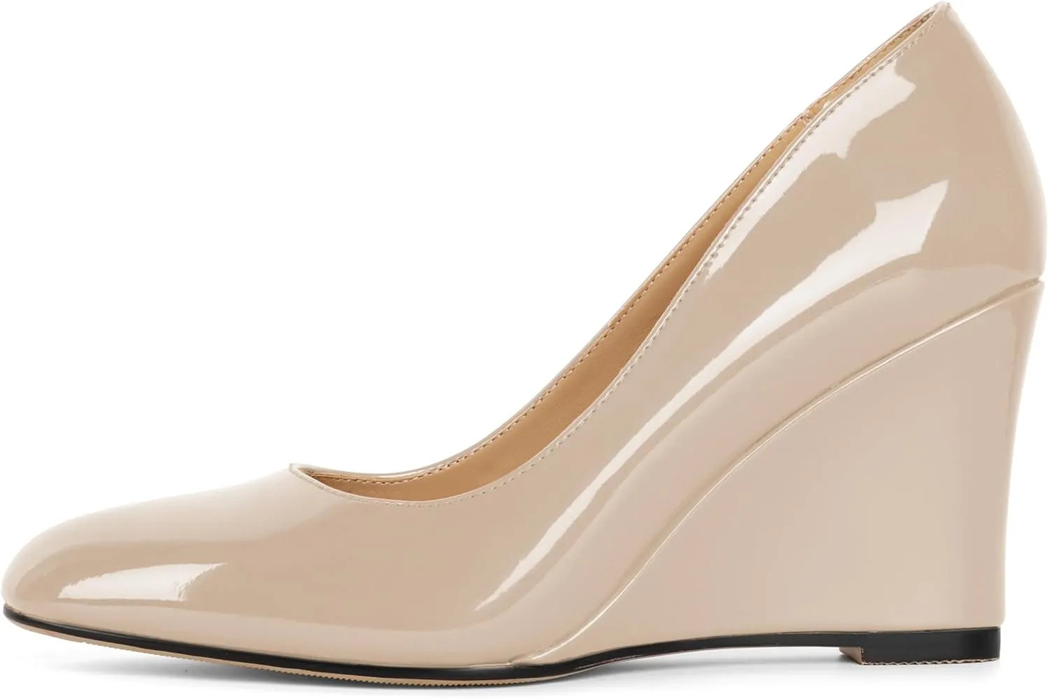 Soireelady Wedge Heel Pumps Round Closed Toe Slip On High Heel Wedges Comfortable Dress Shoes 3.5 Inches