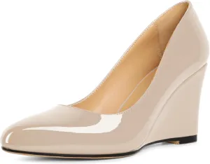 Soireelady Wedge Heel Pumps Round Closed Toe Slip On High Heel Wedges Comfortable Dress Shoes 3.5 Inches
