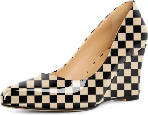 Soireelady Wedge Heel Pumps Round Closed Toe Slip On High Heel Wedges Comfortable Dress Shoes 3.5 Inches